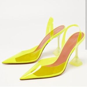 Amina Muaddi Yellow PVC Holli Glass Slingback Pumps NEW